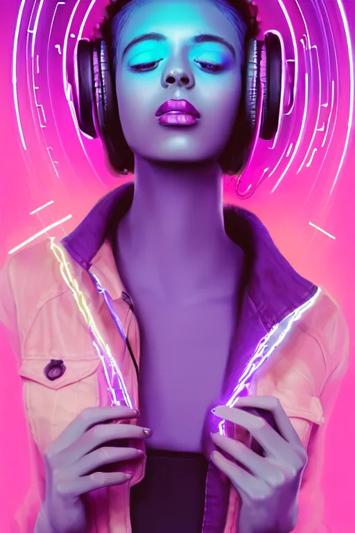 Prompt: a award winning half body portrait of a beautiful woman with stunning eyes in a croptop denim jacket and cargo pants with ombre purple pink teal hairstyle dancing with headphones on her ears by thomas danthony, surrounded by whirling illuminated lines, outrun, vaporware, shaded flat illustration, digital art, trending on artstation, highly detailed, fine detail, intricate