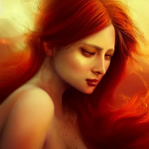 Image similar to masterpiece portrait of an aesthetic beautiful realistic fire mage woman, 3 0 years old woman, hair with lighter colorful strands, wearing a thin golden diadem with ruby inlays, digital painting by wlop and by joachim bergauer, cinematic lights, atmospheric effects and fog in the background, 8 k, octane render, artstation, deviantart, instagram