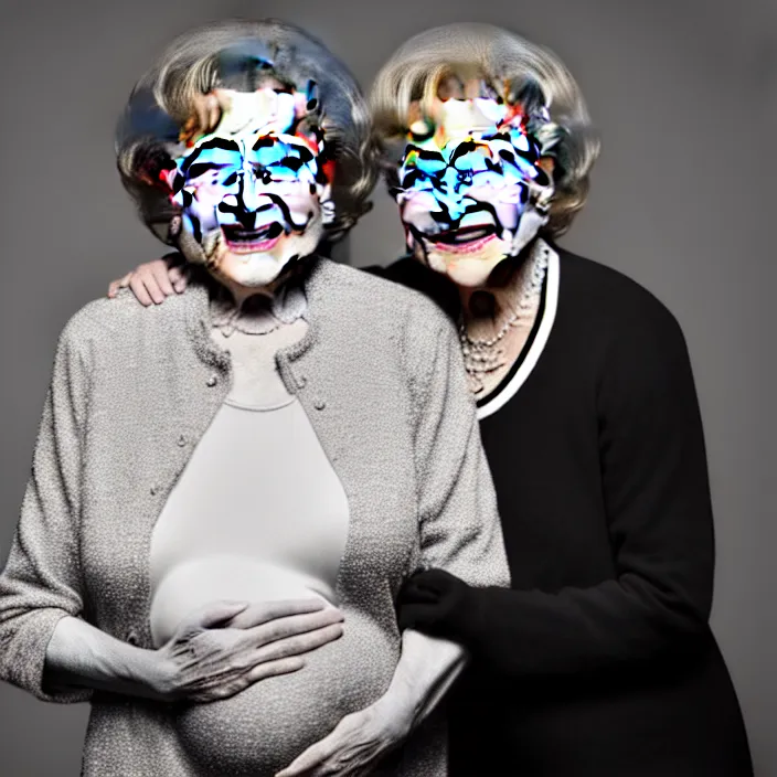 Prompt: hyper realistic, high detail photo of betty white and rue mclanahan having a baby together, beautiful, dreary lighting