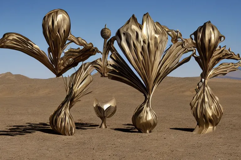 Prompt: surrealist metal sculptures by max ernst in a california desert landscape