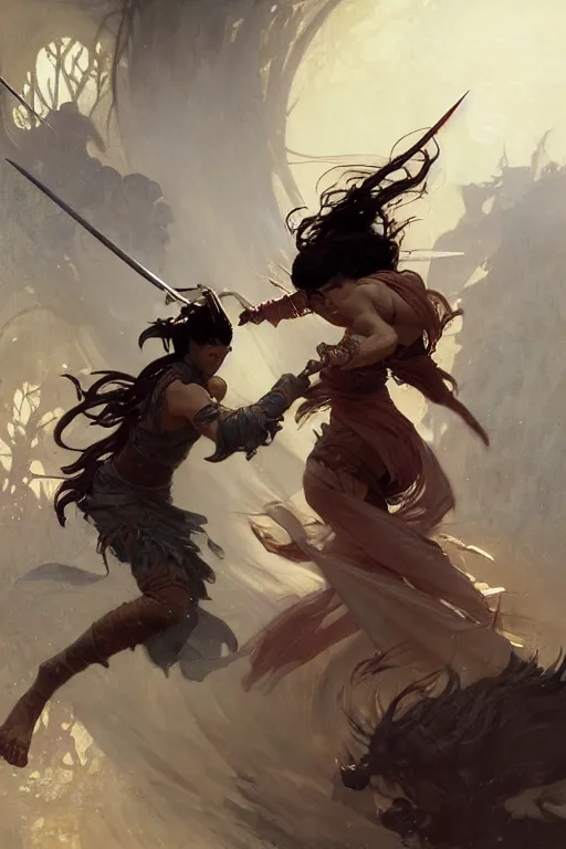 Image similar to An epic fight moment between one demon slayer with one female skilled samourai in style of by gaston bussiere, and craig mullins and greg rutkowski and alphonse mucha, awesomenes , concept art world,
