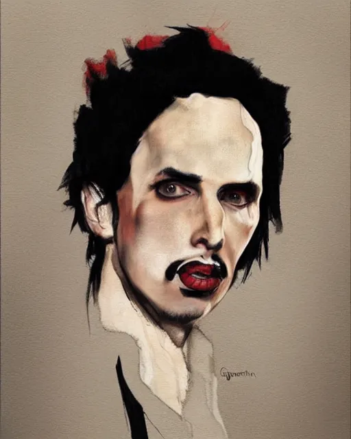 Image similar to portrait of marylin manson by greg rutkowski in the style of egon schiele