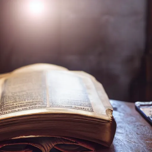 Prompt: a closeup of a closed book sitting on a desk, the cover is ornately carved leather, beside the book is an ancient scroll, dark, single light, vignette, magic, fantasy