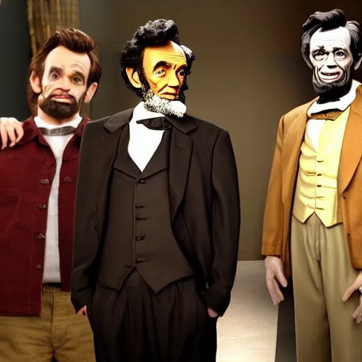 Image similar to The It's Always Sunny in Philadelphia episode where the gang meets Abe Lincoln, photo realistic, studio lighting