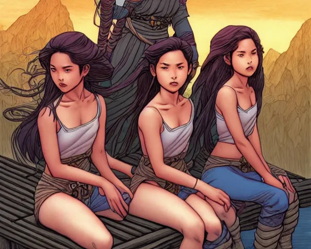 Prompt: fantasy comic cover art of a ( ( trio of village girls ) ) sitting on a dock, detailed faces, illustration by jenny frison and sana takeda and kenichi sonoda, intricate details, stunning inking lines, stunning gradient colors, 4 k, hd, artstation, award winning