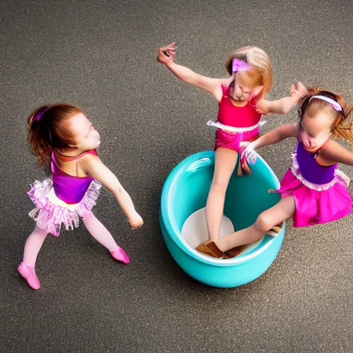 Image similar to group of tiny girls dancing around the rim of a toilet bowl. Perspective photograph