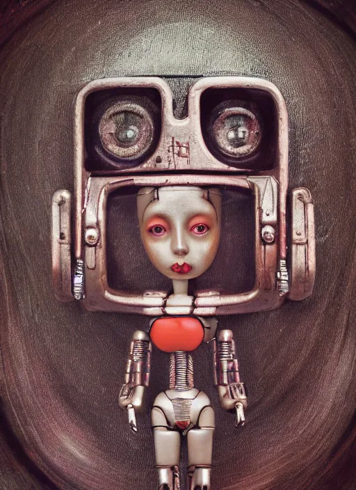 Image similar to closeup portrait of tin toy robot bikini girl trap, depth of field, zeiss lens, detailed, symmetrical, centered, fashion photoshoot, by nicoletta ceccoli, mark ryden, lostfish, breathtaking, 8 k resolution, extremely detailed, beautiful, establishing shot, artistic, hyperrealistic, octane render