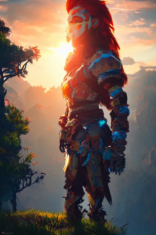 Image similar to combination suit armor aloy horizon forbidden west horizon zero dawn radiating a glowing aura global illumination ray tracing hdr fanart arstation by ian pesty and alena aenami artworks in 4 k tribal robot ninja mask helmet backpack