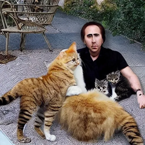 Image similar to nicolas cage is a huge cat with huge nicolas cage kittens