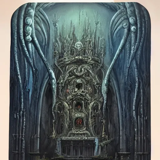 Image similar to monstrous and twisted cathedral with an altar that has a statue to many eyed veiny and four armed cthulhu, tentacles twisting in lotus position. in the style of hr giger and zdzisław beksinski and frank frazetta. blue glow, gloomy and misty. biomechanical oil painting horror