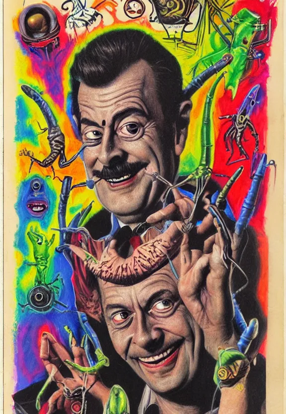 Prompt: one famous person, subgenius, x - day, aliens, weird stuff, occult stuff, devil stuff, less detail, colorful, stained paper, hyperrealism, stage lighting