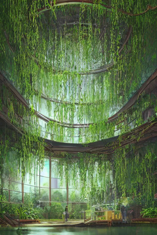 Image similar to A beautiful overgrown office interior flooded with crystal clear water, lily pads, thick and rich vines on the walls, tall ceiling, digital art, trending on Artstation