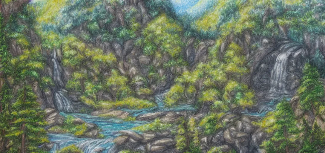 Prompt: Rivendell landscape drawn in crayon, digital painting