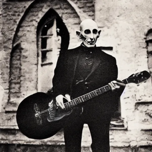 Image similar to vintage photograph of count orlok outside his castle, playing the blues on guitar, castle in the background, 4 k