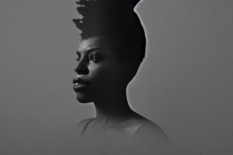 Prompt: a silhouette of a woman with a sun halo on her head, an album cover by carrie mae weems, trending on pinterest, afrofuturism, chiaroscuro, studio lighting, dramatic lighting