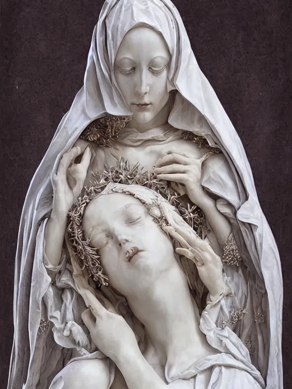 Image similar to a beautiful render of baroque catholic veiled sculpture, the red queen pieta the white queen, with symmetry intricate detailed,by LEdmund Leighton, peter gric,aaron horkey,Billelis,trending on pinterest,hyperreal,jewelry,gold,intricate,maximalist,glittering,golden ratio,cinematic lighting