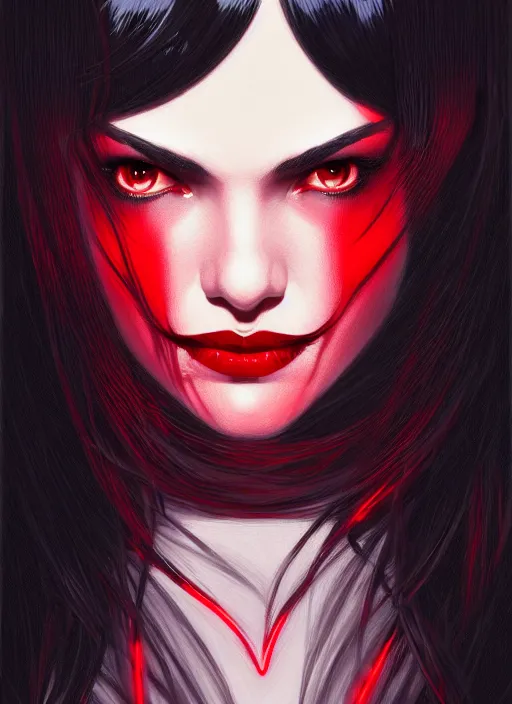 Prompt: portrait of vampire veronica lodge with bangs, vampire fangs, vampire, long hair, red clothes, bangs, vampironica, intricate, elegant, glowing lights, highly detailed, digital painting, artstation, concept art, smooth, sharp focus, illustration, art by wlop, mars ravelo and greg rutkowski