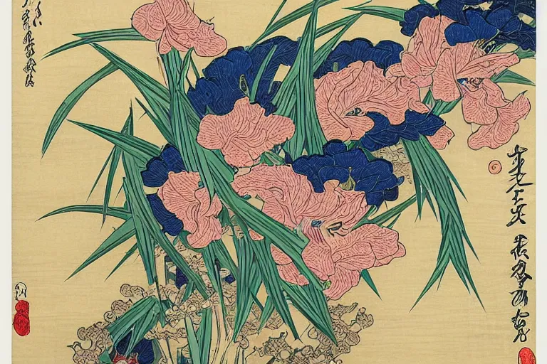 Image similar to a beautiful and hyperdetailed ukiyo - e drawing of tangled irises and flowers by katsushika hokusai, in style by utagawa kuniyoshi and utagawa hiroshige, japanese print art, intricate, elegant, fine, complex, chinese style 4 k