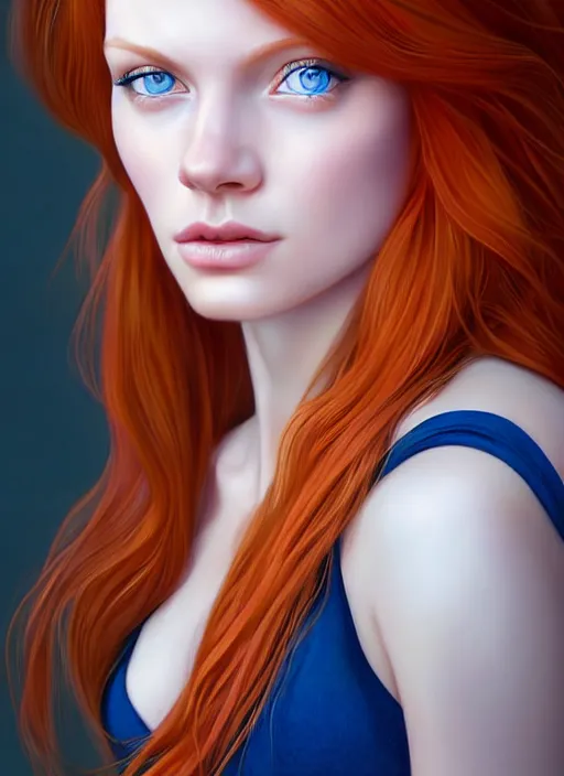 Image similar to portrait photo of a gorgeous young redhead woman with blue eyes in the style of stefan kostic, realistic, sharp focus, 8k high definition, insanely detailed, intricate, elegant, art by stanley lau and artgerm