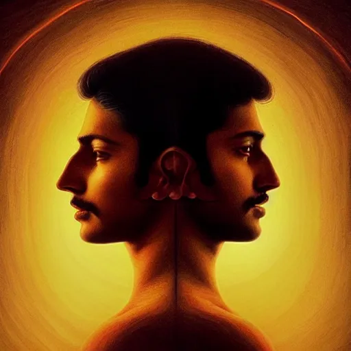 Image similar to perfectly - centered movie promotional poster - photograph of a young indian guy and a beautiful girl side profile faces symmetrical ; real life portrait by beksinski and jean delville, romantic theme, two lovers sharing one heart, unreal engine 5, photorealism, hd quality, 8 k resolution, cinema 4 d, hdr dramatic lighting ; symmetrical, cinematic, high coherence