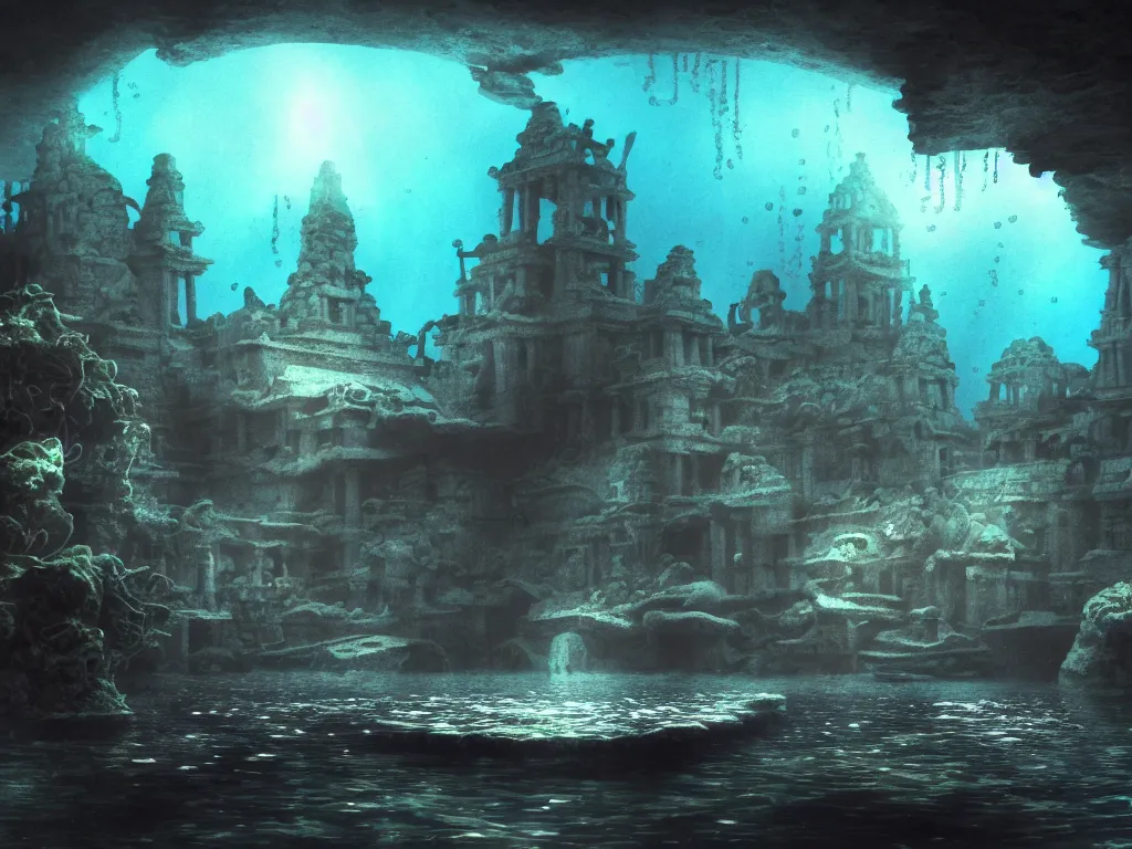 Image similar to full color, wide shot, submerged pre - incan temple, dark, underwater, symmetrical, bubbles, abyss, grenada underwater sculpture park, anime style mixed with fujifilm, detailed gouache paintings, stylized, dark, murky, foggy, atmospheric, artstation, cgsociety, octane render, cgi, unreal engine 5, denoise, cinematic masterpiece