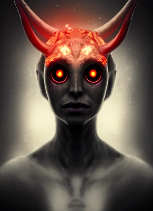 Prompt: portrait of realistic alien with horns. red eyes, human eyes, background flames, sci - fi, tech wear, volumetric lighting, intricate, elegant, highly detailed, digital painting, artstation, concept art, illustration, bokeh, in the style of lee jeffries