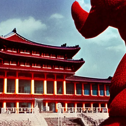 Image similar to Pulgasari the Kaiju Monster, overshadowing a Korean palace, Kodachrome 35mm cinemascope, Kim Jong-il production