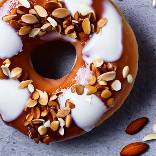 Prompt: delicious donut glazed with white chocolate, almonds and coconut shavings, a cup of tea