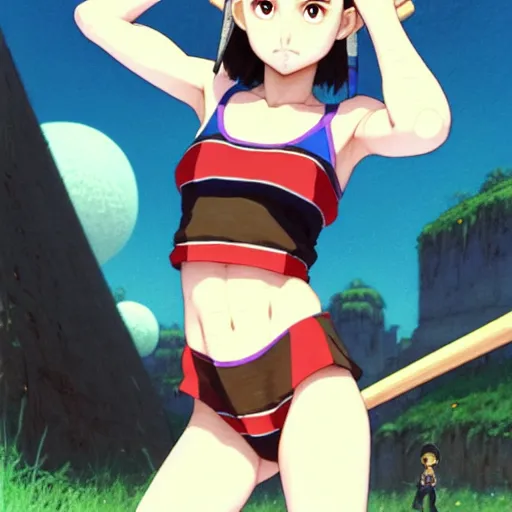 Image similar to beautiful boyish natalie portman gravure model in majora's mask, wearing wooden mask and baseball cap and leotard, street wear with subtle mayan patterns, aztec bathing suit, gapmoe yandere grimdark, trending on pixiv fanbox, painted by greg rutkowski makoto shinkai takashi takeuchi studio ghibli, akihiko yoshida