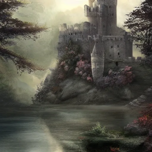 Image similar to a stone castle surrounded by lakes and trees, mist, fantasy, concept art, clear, crisp, sharp, extremely detailed, wallpaper