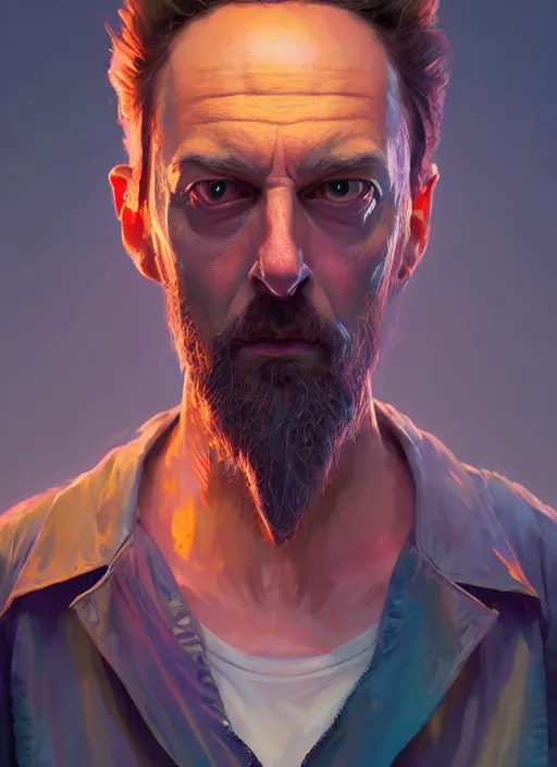 Image similar to fantasy portrait of rick from rick & morty, intricate abstract. intricate artwork, by greg rutkowski, wlop, beeple, dan mumford. concept art, octane render, trending on artstation, greg rutkowski very coherent symmetrical artwork. cinematic, key art, hyper realism, high detail, octane render, 8 k, iridescent accents