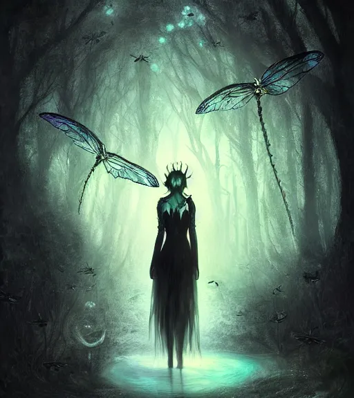 Image similar to gothic fairy with dragonfly wings, digital painting, liminal eerie midnight backlit, a picture taken by Michael Komarck and Eric Deschamps