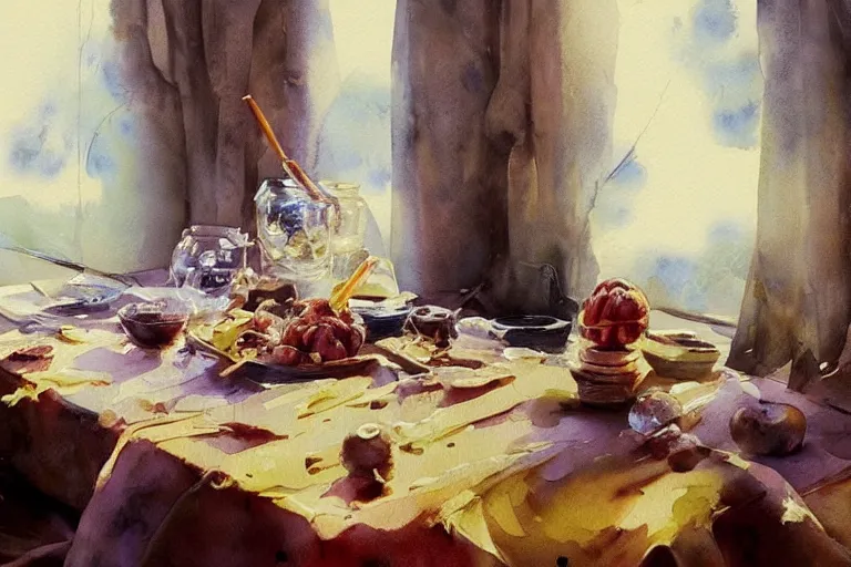 Image similar to paint brush strokes, abstract watercolor painting of hazelnuts on table cloth, leaves, art by hans dahl, by jesper ejsing, art by anders zorn, wonderful masterpiece by greg rutkowski, cinematic light, american romanticism by greg manchess, creation by tyler edlin