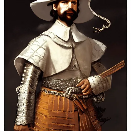 Prompt: a spanish conquistador character posing for a picture, digital painting, masterpiece by rembrandt and thomas kinkade and frank frazetta and kentaro miura, by reiq and tite kubo, stylized yet realistic faces and anatomy, advanced lighting technology, beautiful, gorgeous brush strokes