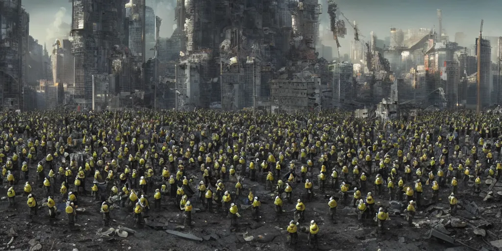 Image similar to army of minions in the middle of the ruins of cyberpunk moscow after the bombing, a minimum of surviving houses, a dim sky, a dead city