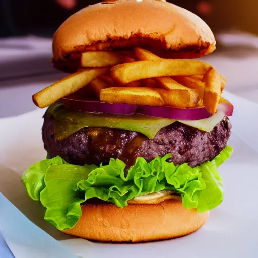 Prompt: the perfect burger, award winning photo, food photography, golden hour, with fries, upside down