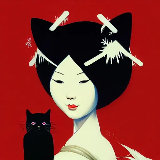 Image similar to full body icon stylized minimalist an asian girl with geisha makeup holding a cute black cat surrounded by snowflakes, loftis, cory behance hd by jesper ejsing and zdzisław beksinski and norman rockwell and greg rutkowski weta studio, and lucasfilm - c 1 0