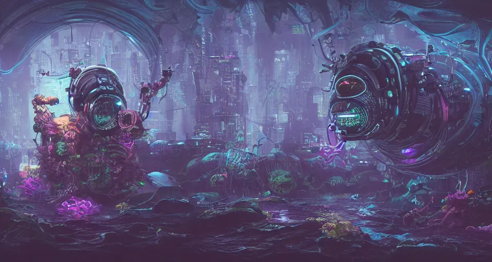 Prompt: bioluminescent cyberpunk angler fish, deep sea diver, extreme light, distant cyberpunk atlantis, organic, bio domes, coral, deep ocean, robotic, mariana trench midnight zone, bubbles, hyper realistic, hyper detailed, digital art, trending in artstation, studio quality, photorealistic, photo, by jesper ejsing, wlop, paul lehr