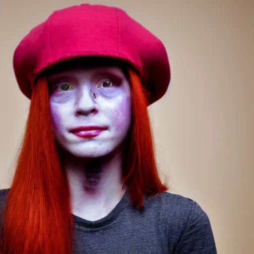Prompt: Portrait of a with red hair and a purple hat who cries with tears of blood, 50 mm, hyper-realistic, 8K HDR.