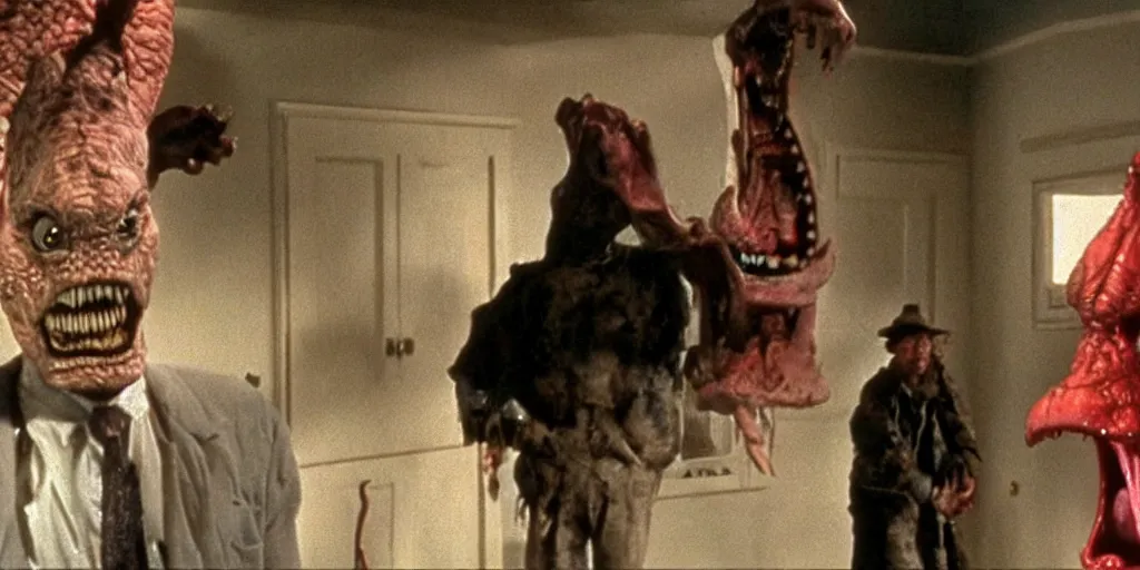 Prompt: a film still of barney the dinosaur in nightmare in elm street, high quality