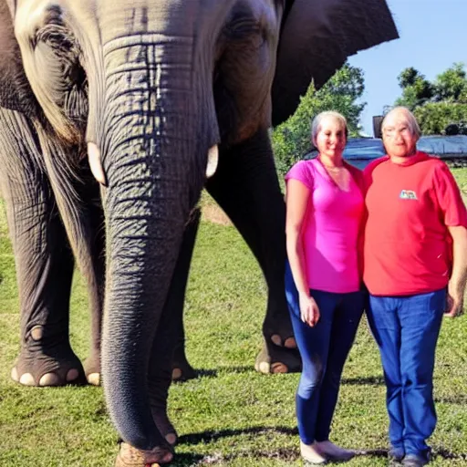 Prompt: a couple of people standing next to an elephant