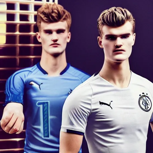 Image similar to a realistic detailed photo of a guy who is an attractive humanoid who is half robot and half humanoid, who is a male android, soccer players martin ødegaard & timo werner, shiny skin, posing like a statue, blank stare, in a living room, on display, showing off his muscles, gold soccer shorts, no jersey, statue, many copies of them