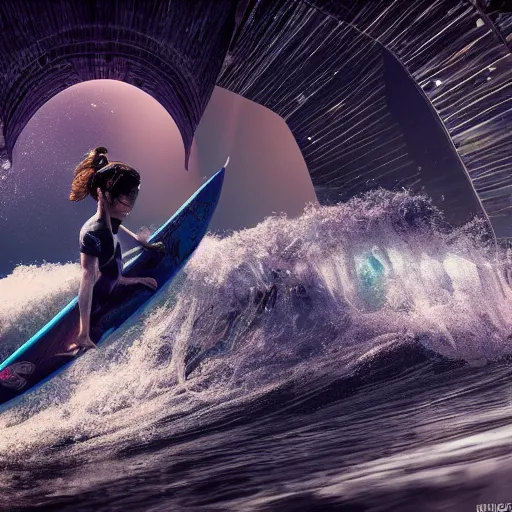 Prompt: surfing on the waves of time cosmic photorealistic, octane, hyper detailed, insane details, elite, highly detailed and intricate, sharp focus, photography, unreal engine ; halls of space by ben wanat