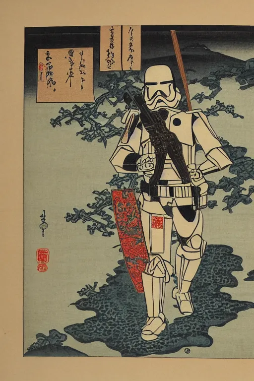 Prompt: Japanese woodblock print of a Stormtrooper , cherry blossom, Hokusai