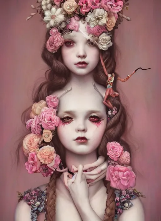 Image similar to pop surrealism, lowbrow art, realistic seductive cute woman painting, pink body harness, long hair, japanese shibari with flowers, hyper realism, muted colours, rococo, natalie shau, loreta lux, tom bagshaw, mark ryden, trevor brown style,
