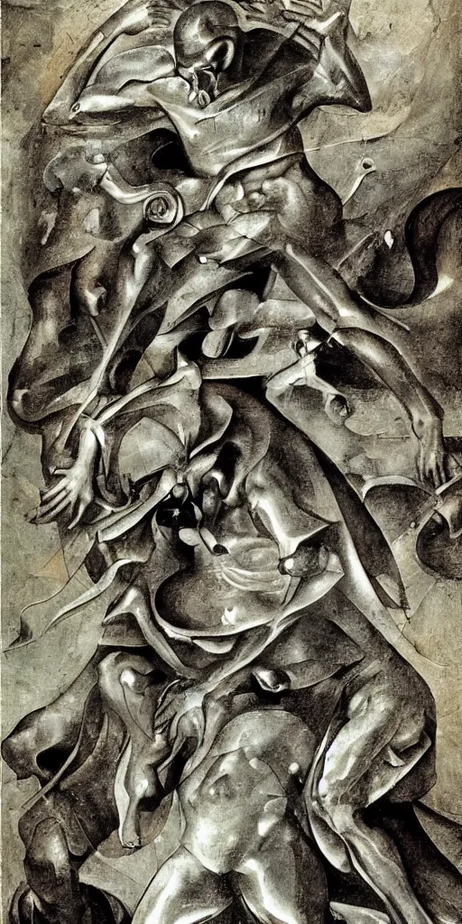 Prompt: the silver surfer by hieronymus bosch, highly detailed, realistic, abstract background, action pose