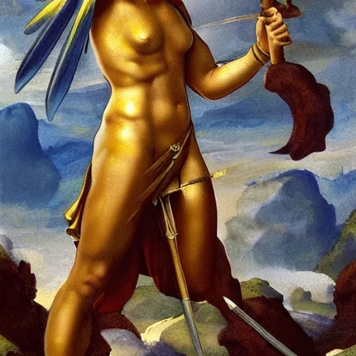 Prompt: very detailed painting of a cinematic still of a powerful beautiful valkyrie, holding a golden sword in her hand, dramatic clouds, painted by michelangelo, the painting is considered the most beautiful in the world