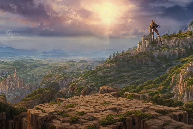 Image similar to an ultra detailed matte landscape painting of an extremely tall and strong young man with short brown hair standing on a cliff overlooking a medieval capital built on top of many hills, italian renaissance architecture, epic anime fantasy, 8 k, volumetric lighting, smooth, highly detailed, digital illustration, art by kentaro miura and akira toriyama and artgerm