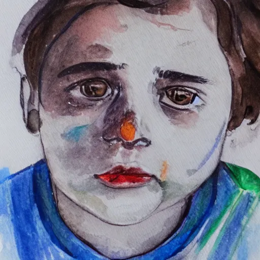 Prompt: a closeup portrait of a desperate face, water color