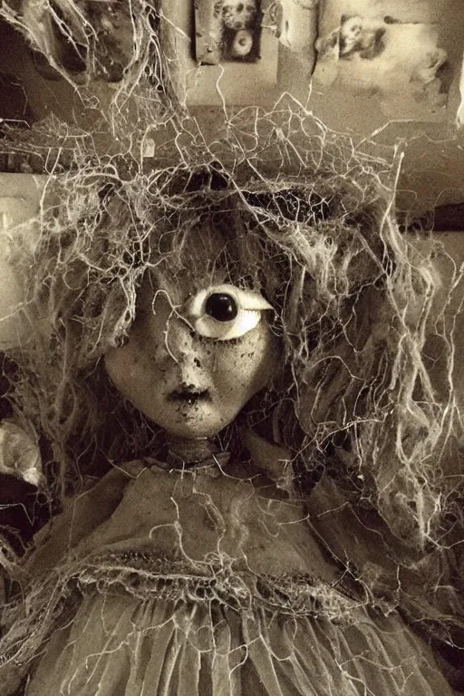 Image similar to dirty cracked screaming vintage doll maggots in eyes in darkly lit dusty basement cobwebs old photo